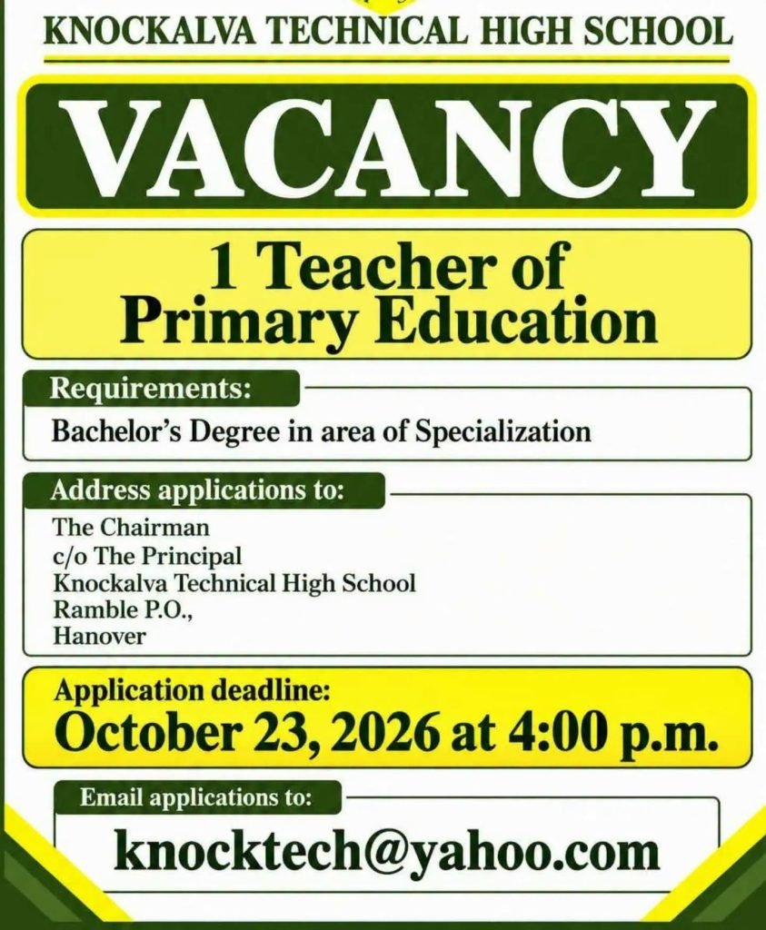 Job advertisement: Primary Education Teacher Job – Knockalva Technical High School 2026