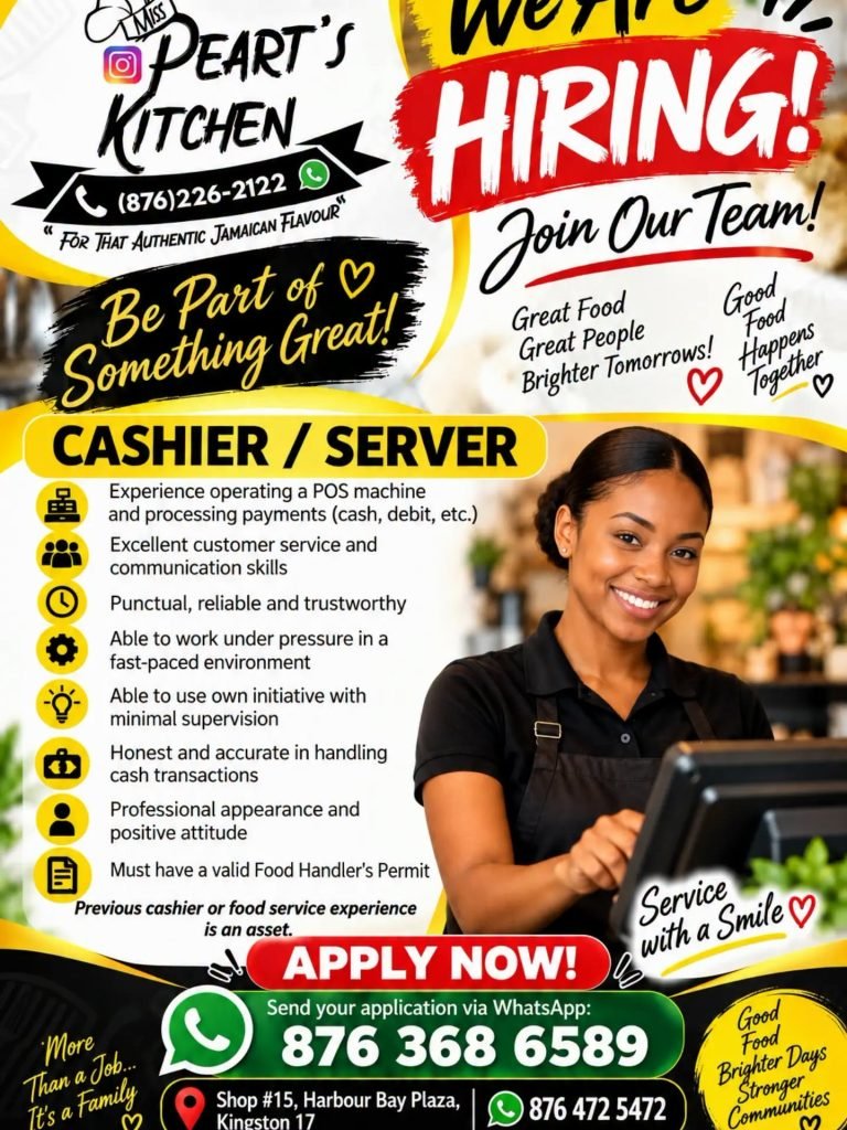 Job advertisement: Cashier / Server Job – Miss Pearl’s Kitchen Kingston 2026