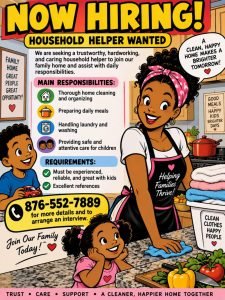 Job advertisement: Household Helper Job in Jamaica – Cleaning, Cooking & Childcare