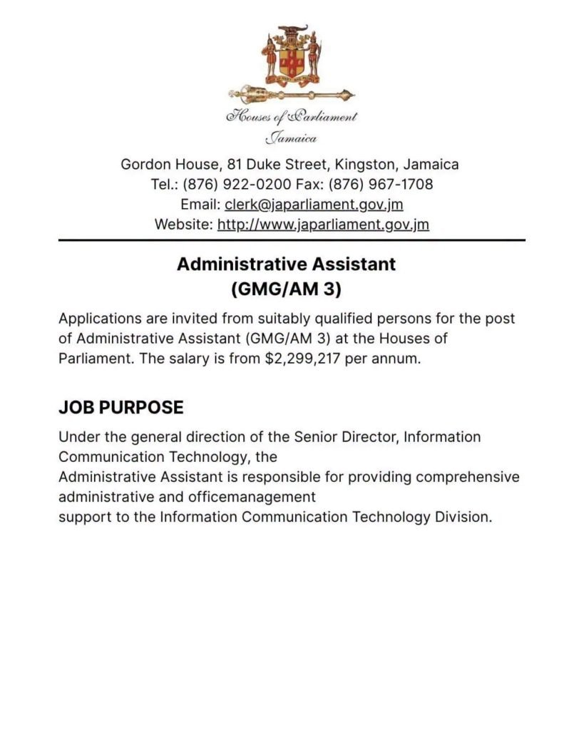 Additional job image 3: Houses of Parliament Jamaica – 3 Job Vacancies