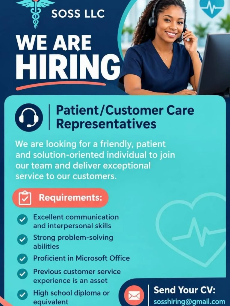 Job advertisement: Patient & Customer Care Representative Jobs – SOSS LLC