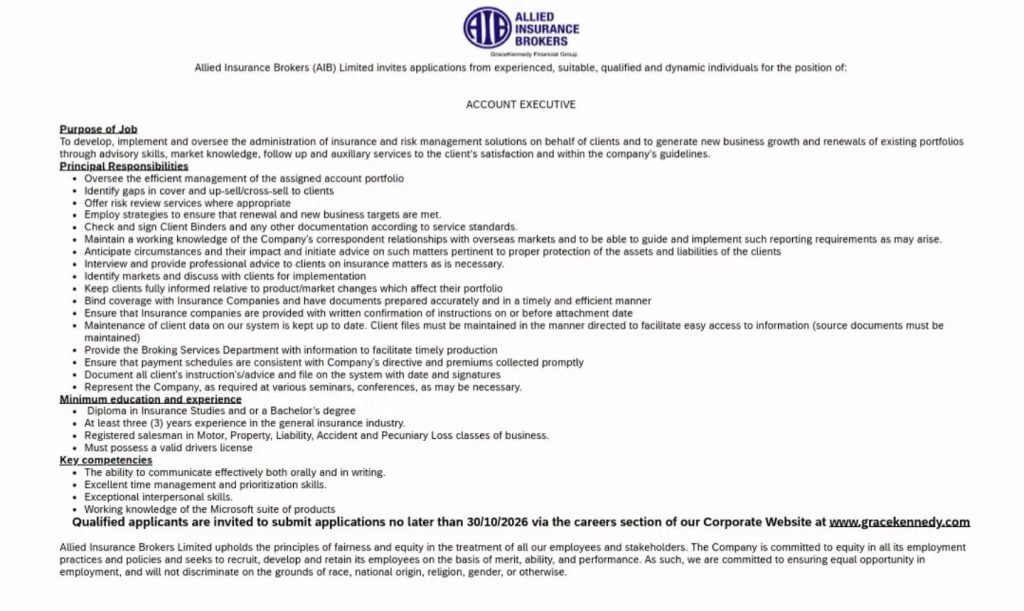 Job advertisement: Account Executive Job – Allied Insurance Brokers Jamaica 2026