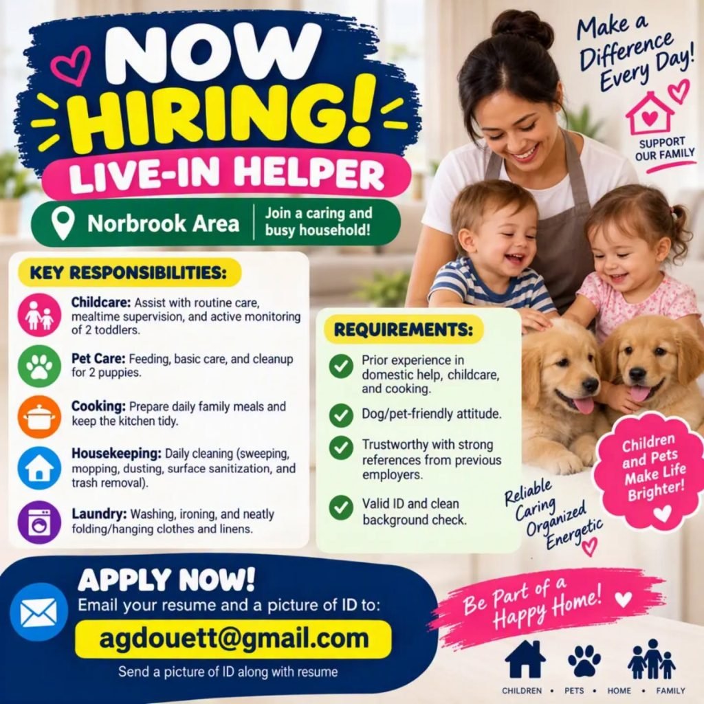 Job advertisement: Live-In Helper Job in Norbrook – Private Household