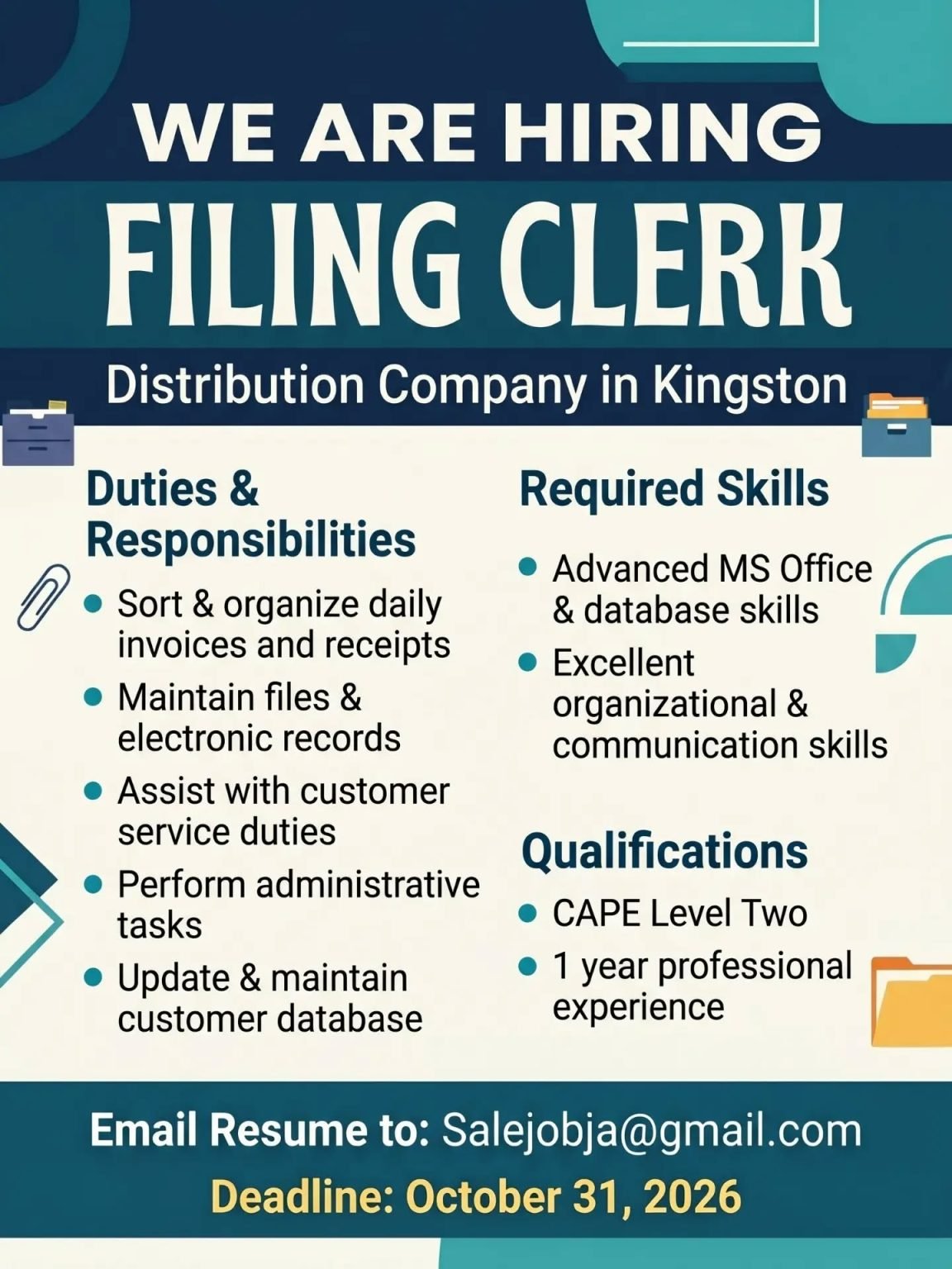 Filing Clerk Job Vacancy in Kingston, Jamaica – Apply Now