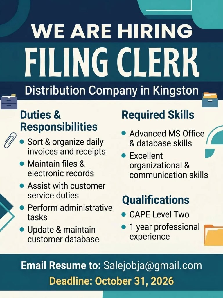 Additional job image 1: Filing Clerk Job Vacancy in Kingston, Jamaica – Apply Now
