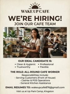 Job advertisement: All-Round Café Worker Job Vacancy – Wake Up Cafe, Kingston, Jamaica