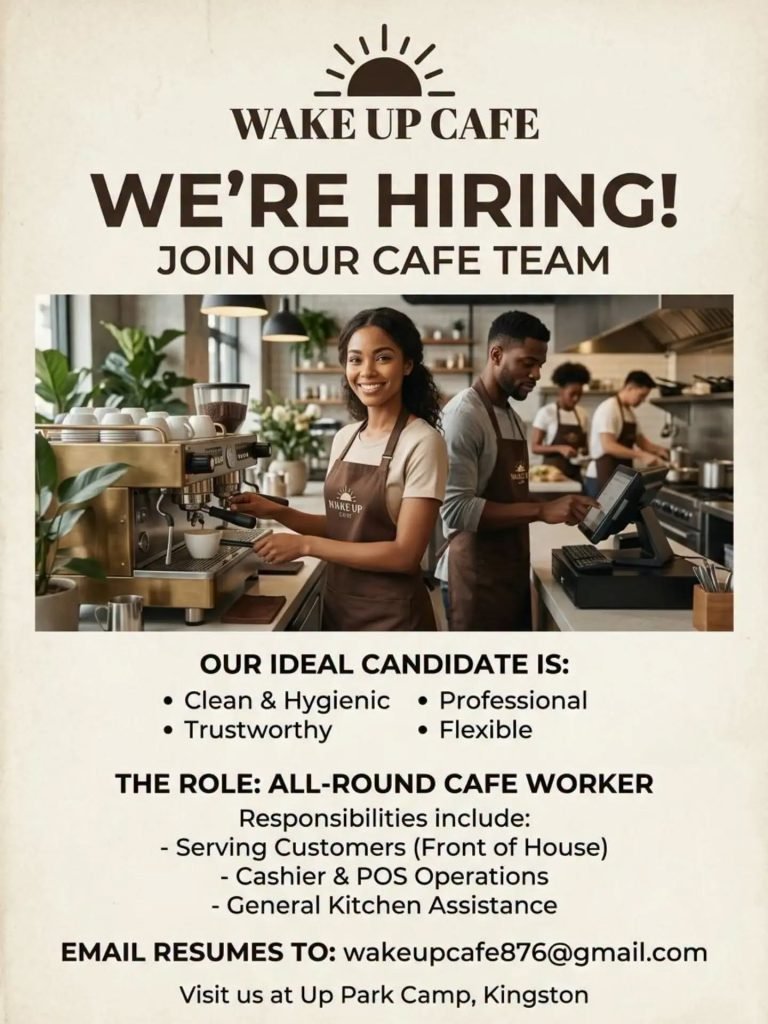 Job advertisement: All-Round Café Worker Job Vacancy – Wake Up Cafe, Kingston, Jamaica