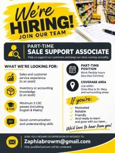 Job advertisement: Part-Time Sales Support Associate Job Vacancy – Ocho Rios & St. Mary, Jamaica