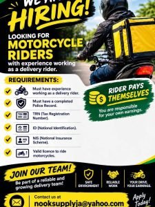 Job advertisement: Motorcycle Delivery Rider Jobs in Jamaica – Apply Now