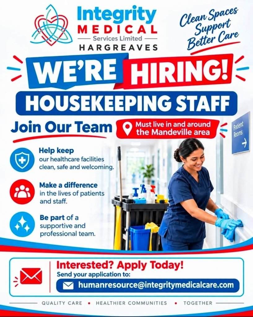Integrity Medical Hargreaves housekeeping staff vacancy in Mandeville