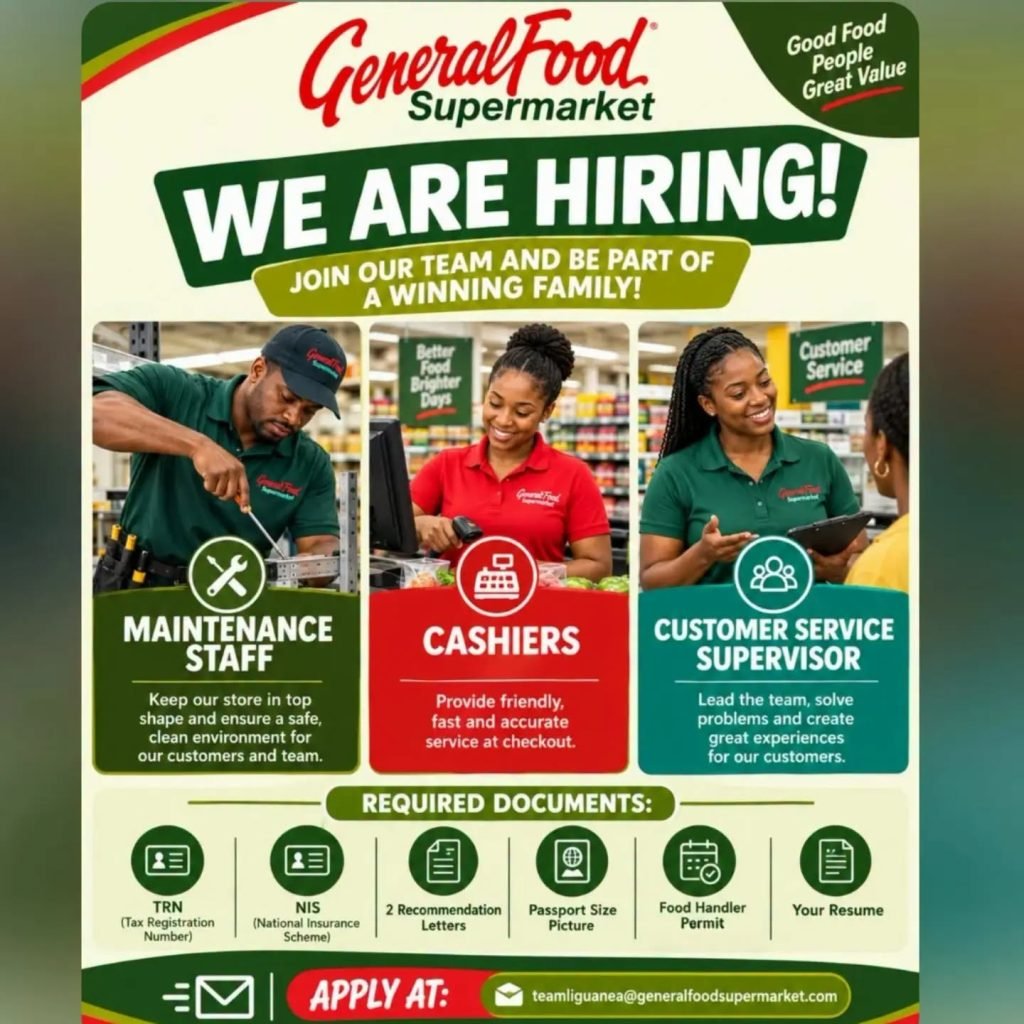 Job advertisement: General Food Supermarket Hiring – Cashiers, Maintenance Staff & Customer Service Supervisor
