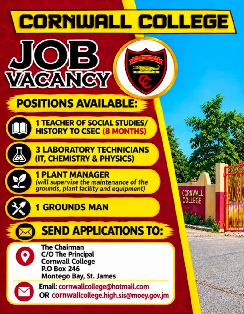 Cornwall College Montego Bay teaching laboratory plant manager and groundsman vacancies