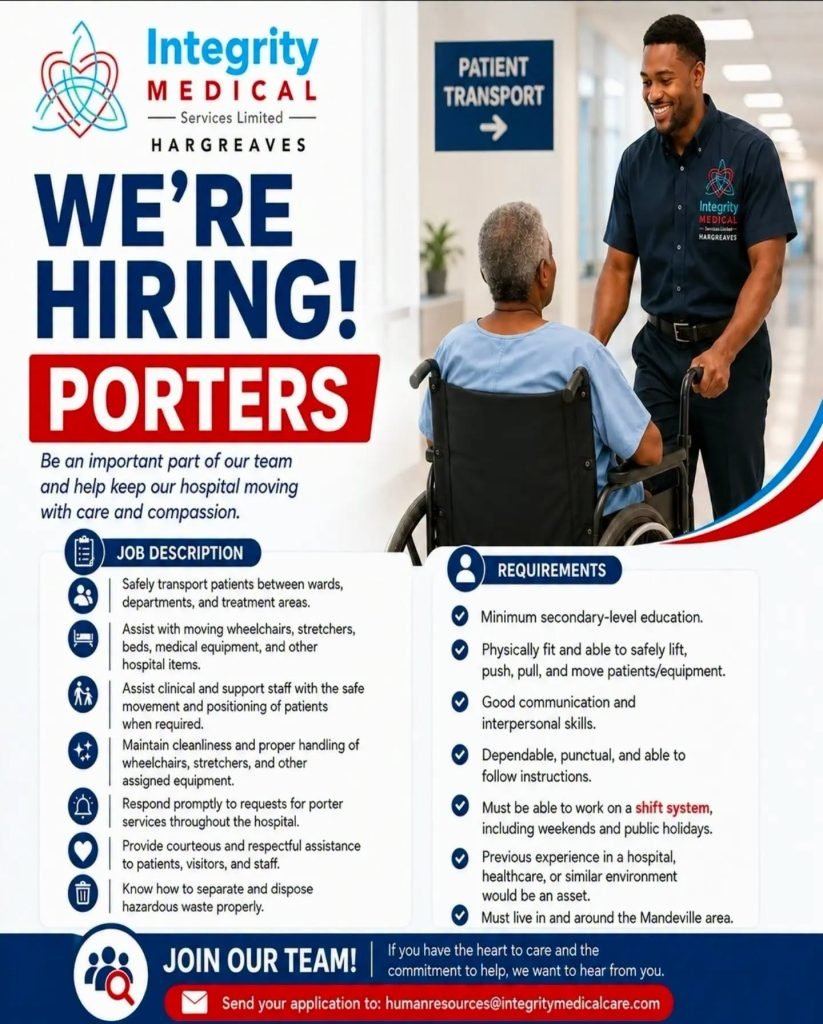 Integrity Medical Hargreaves hospital porter vacancy in Mandeville