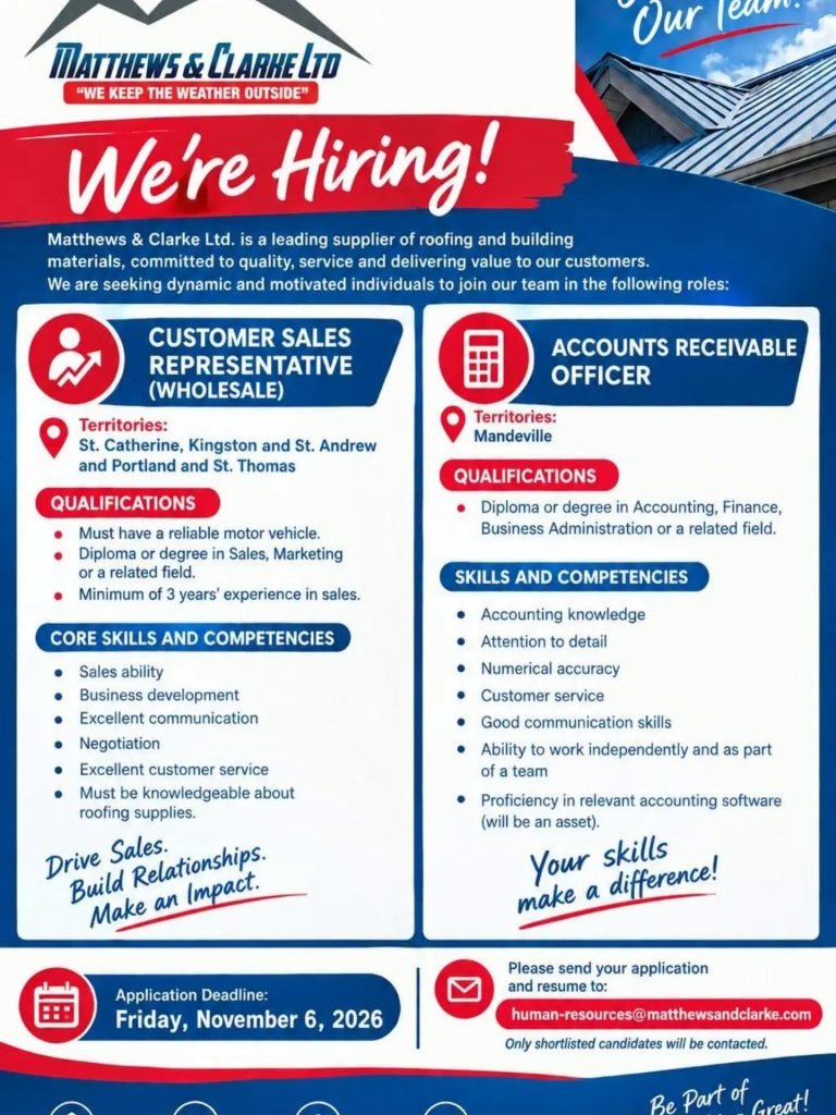 Matthews and Clarke wholesale sales representative and accounts receivable officer vacancies closing November 6, 2026