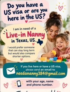 Job advertisement: Live-In Nanny Job Vacancy in Texas, USA – Long-Term Position