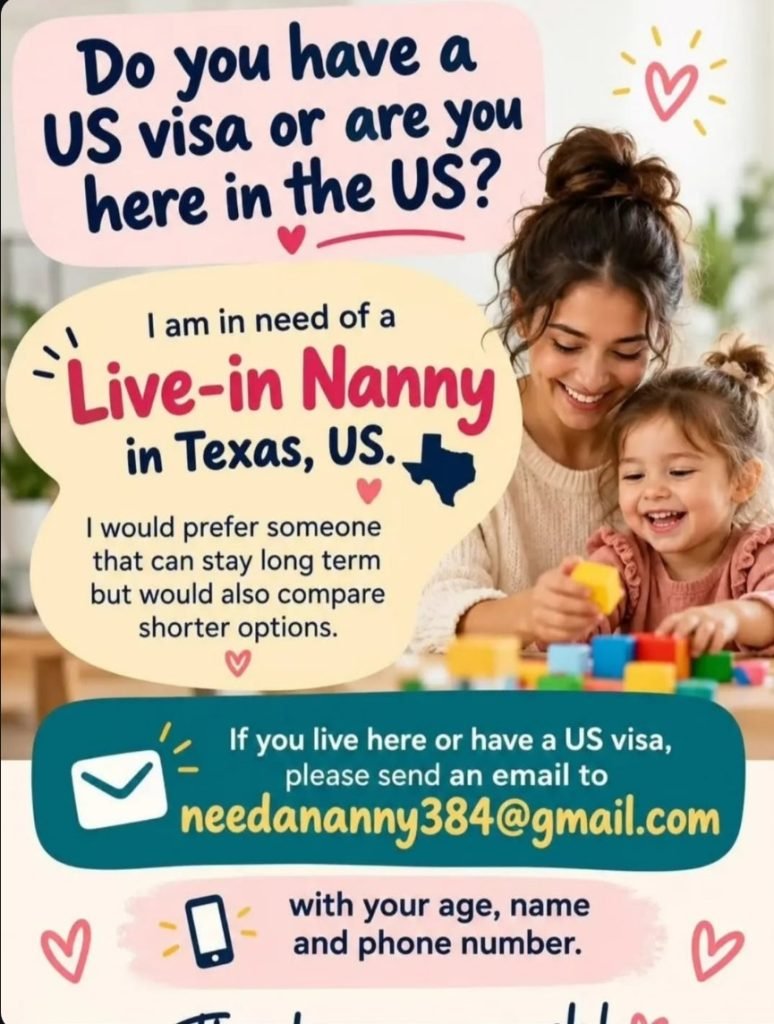 Job advertisement: Live-In Nanny Job Vacancy in Texas, USA – Long-Term Position