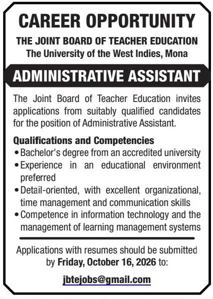 Administrative Assistant – Joint Board of Teacher Education (UWI Mona)