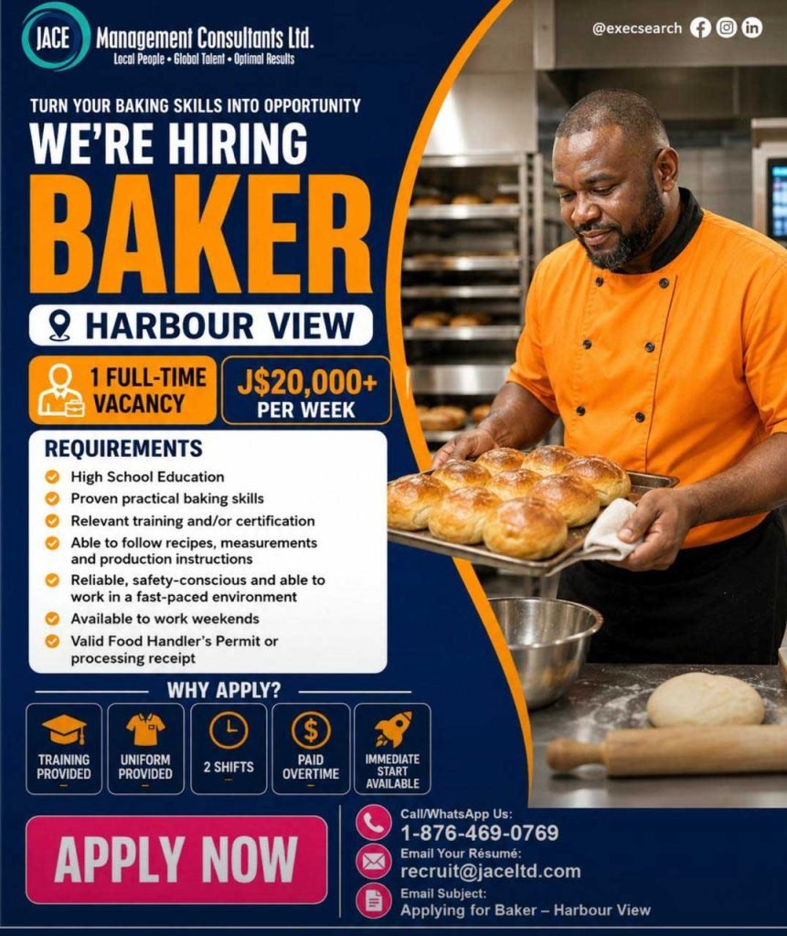Baker Job in Harbour View Jamaica – J$20,000+ Weekly