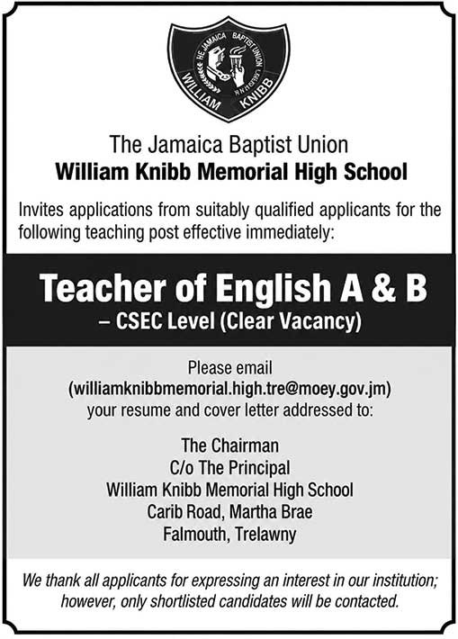 CSEC English Teacher Vacancy at William Knibb High
