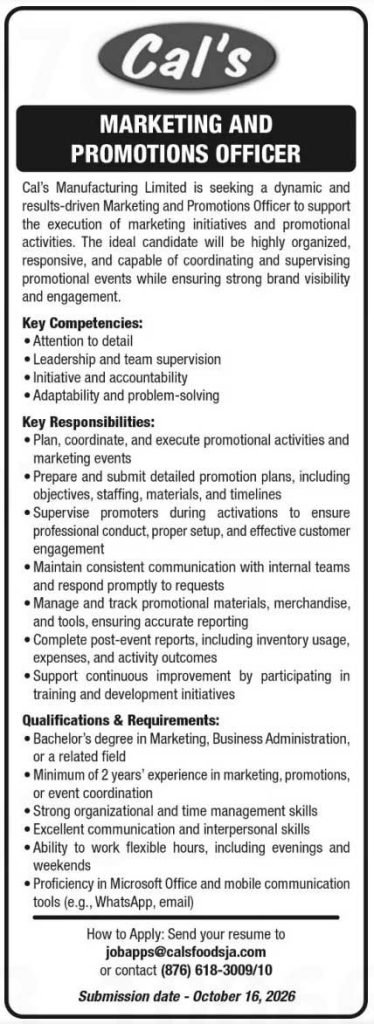 Job advertisement: Cal’s Manufacturing Marketing Officer Job in Jamaica