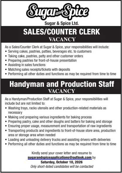 Counter Clerk & Production Staff Jobs at Sugar & Spice