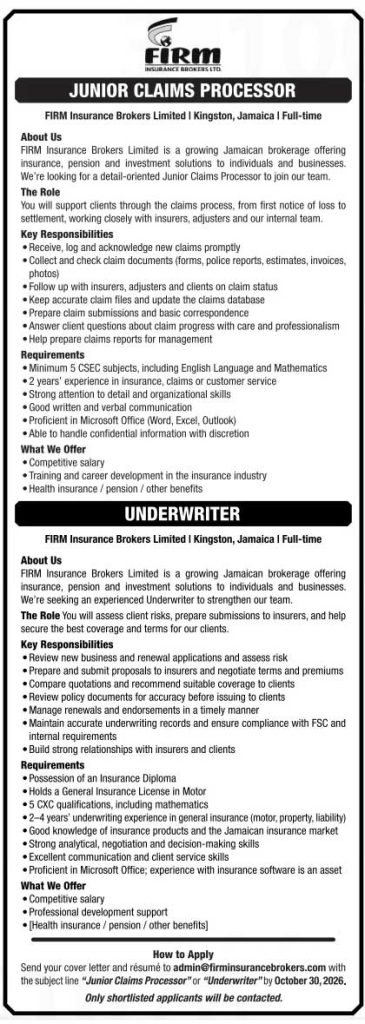 FIRM Insurance Brokers Jamaica Jobs – Claims Processor & Underwriter