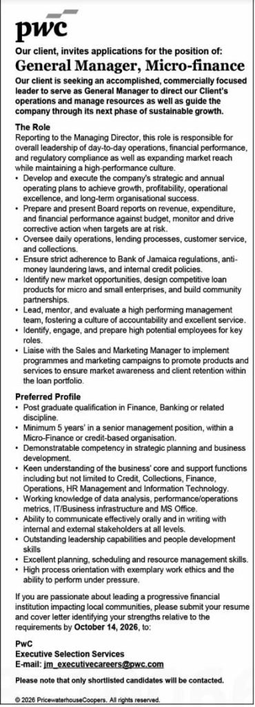 General Manager Micro-Finance Job Vacancy in Jamaica – PwC
