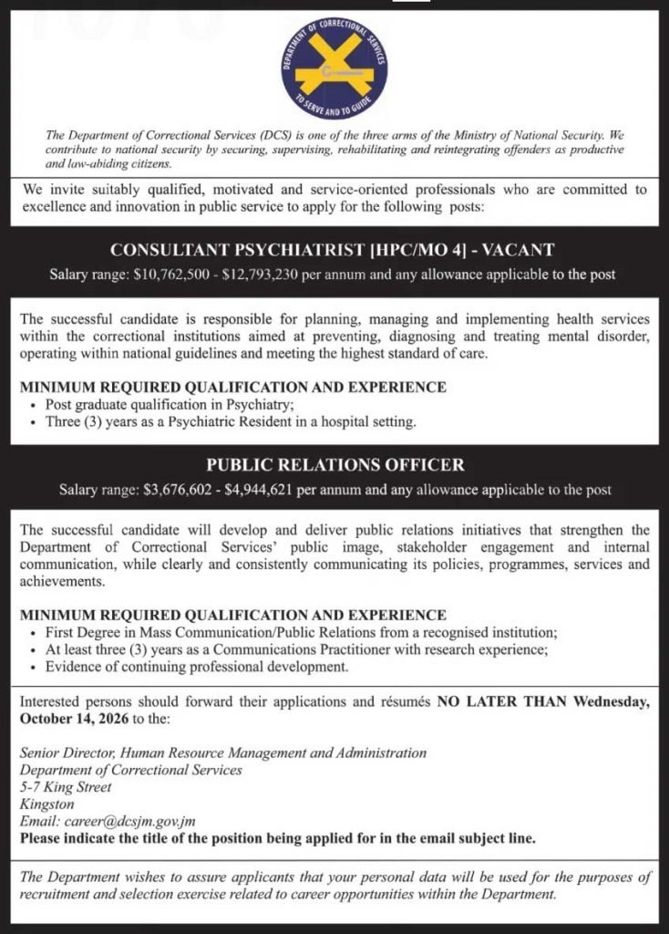 Government Jobs in Jamaica – Department of Correctional Services Vacancies