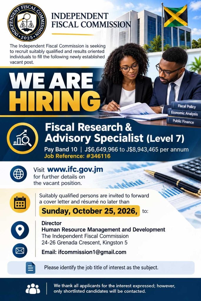 Job advertisement: Independent Fiscal Commission Hiring – Salary Up to J$8.9M