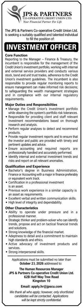 Job advertisement: JPS Credit Union Hiring Investment Officer in Jamaica