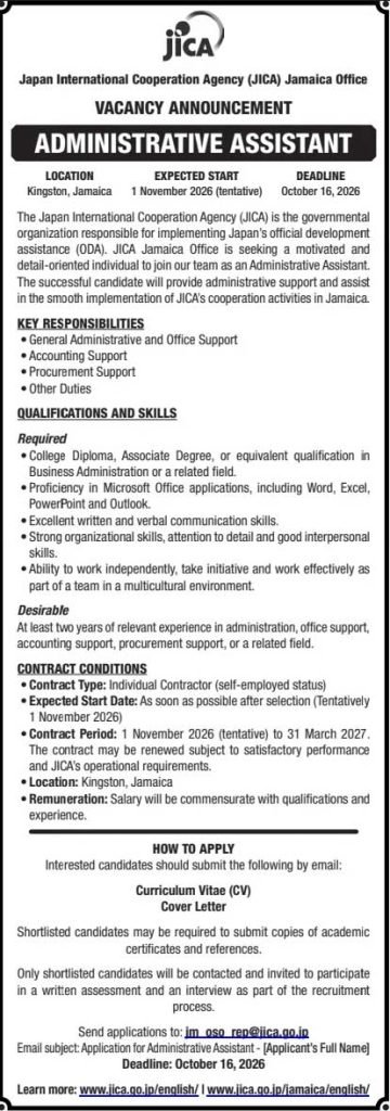 JICA Jamaica Hiring Administrative Assistant – October 2026