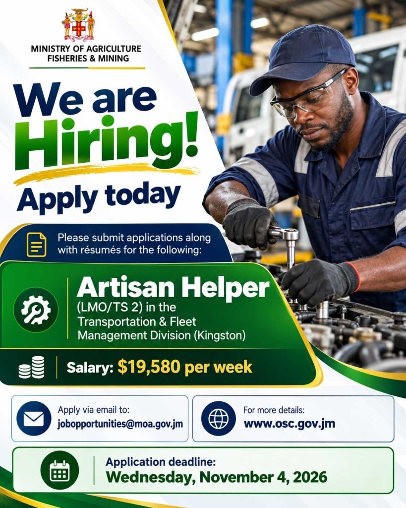 Job advertisement: Artisan Helper Job in Kingston Jamaica – $19,580 Weekly