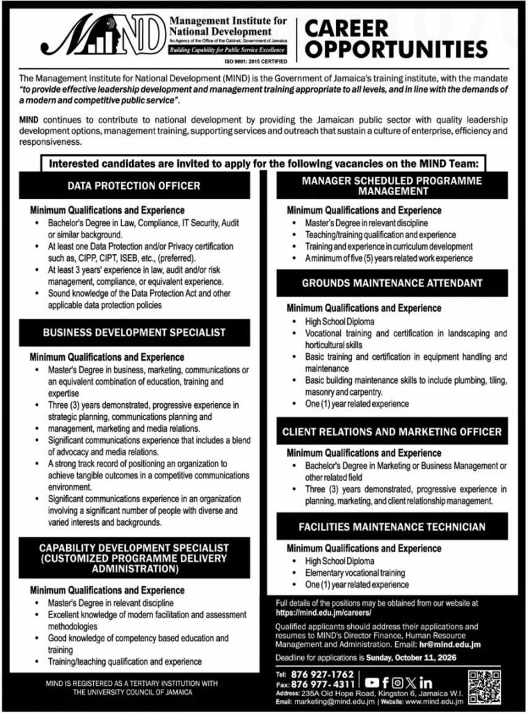 MIND Jamaica Hiring – Data Protection, Marketing, Management & Maintenance Jobs
