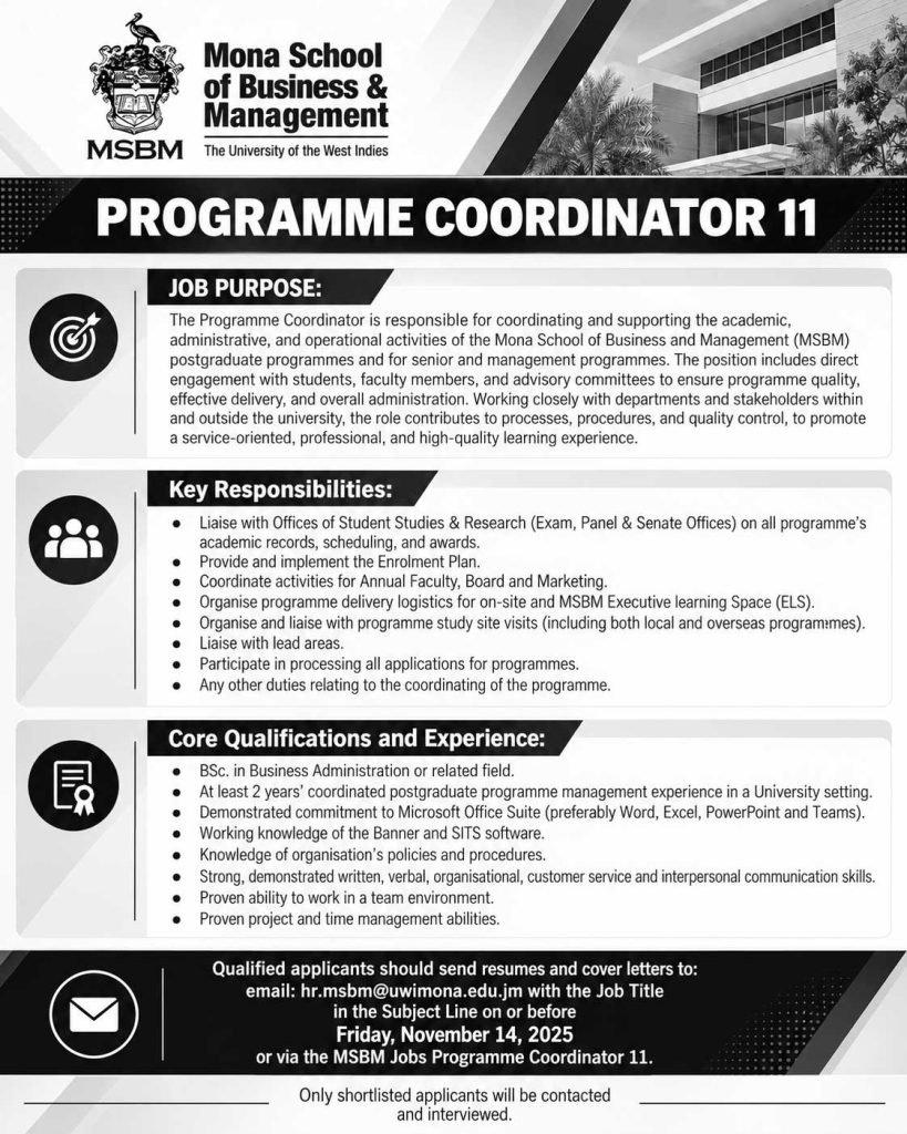 Programme Coordinator II Job at UWI Mona – MSBM 2025