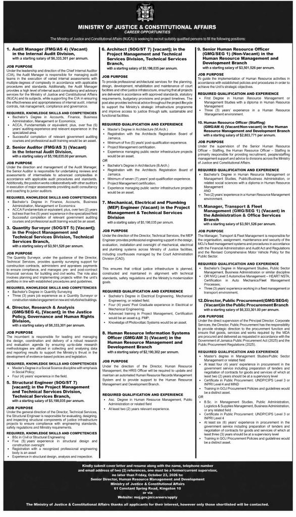 Ministry of Justice Jamaica Jobs 2026 – 12 Career Opportunities