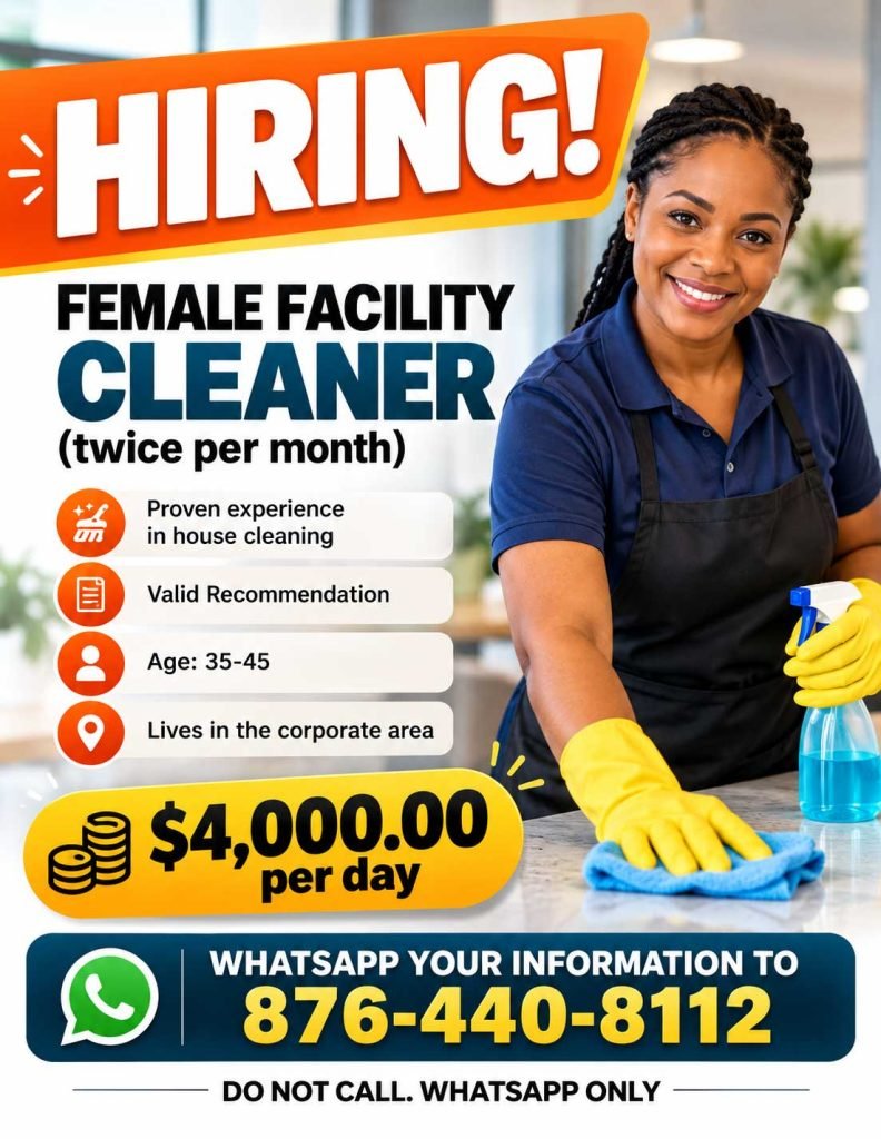 Female Facility Cleaner Job in Kingston – J$4,000/Day