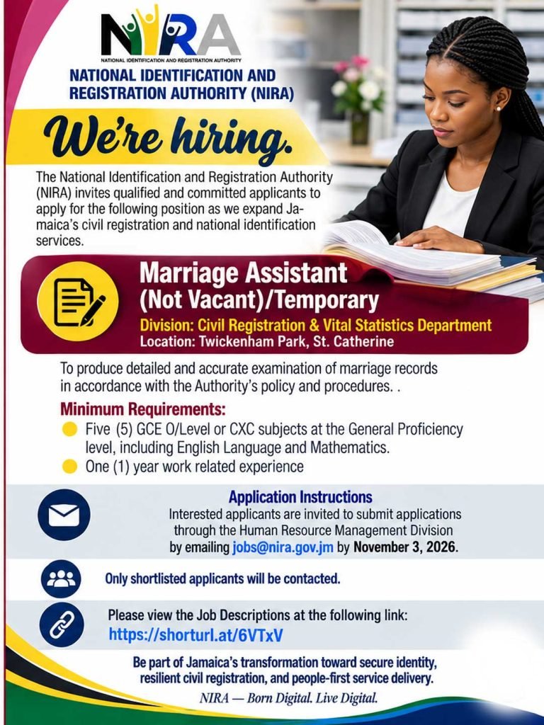 Marriage Assistant Job in Jamaica 2026 – NIRA