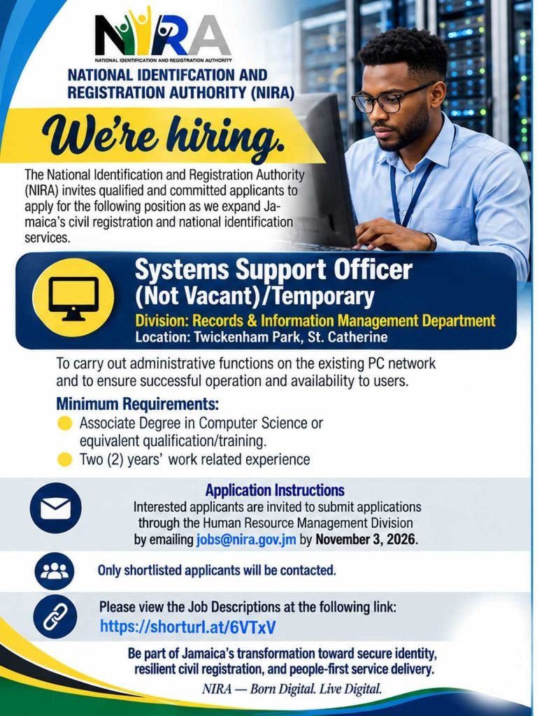 Job advertisement: Temporary Systems Support Officer – NIRA Jamaica 2026