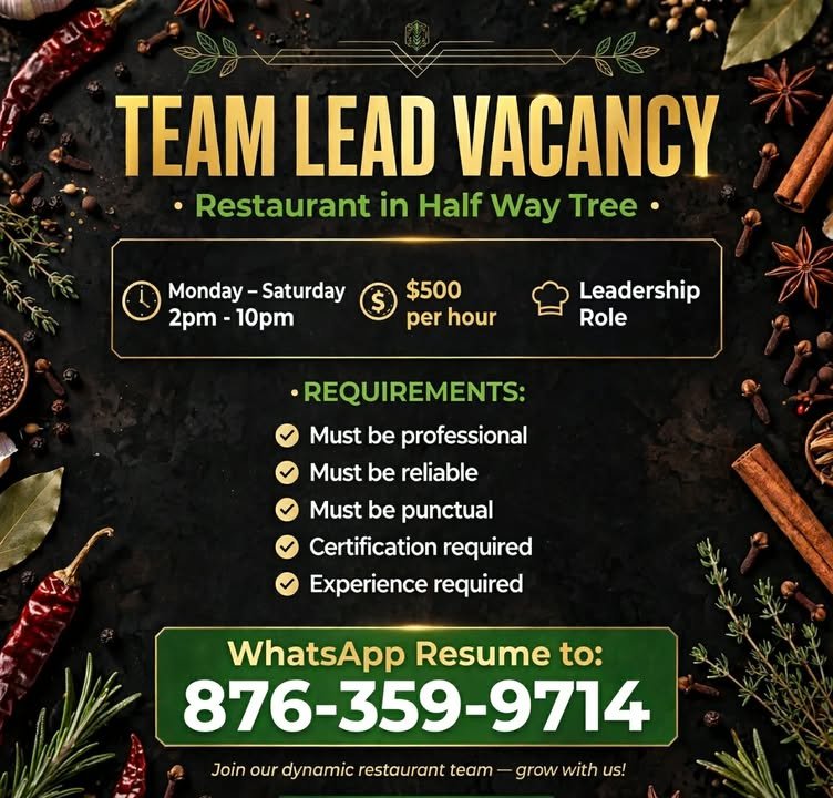 Restaurant Team Lead Job in Half Way Tree, Jamaica