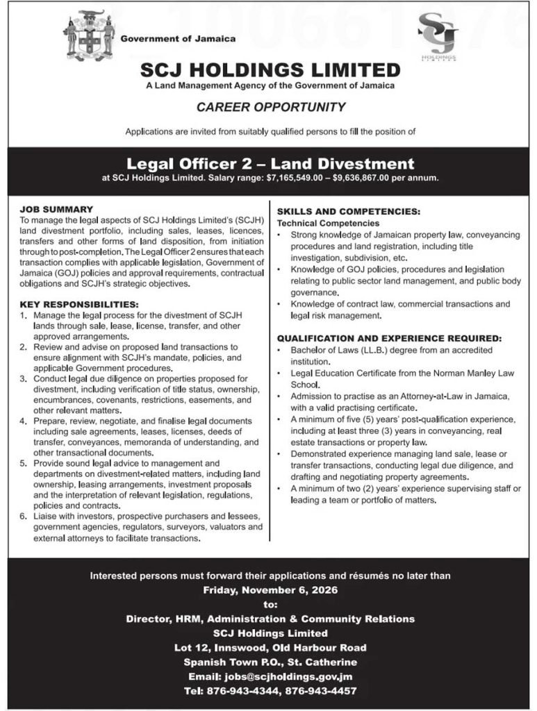 SCJ Holdings Hiring Legal Officer 2 – Land Divestment