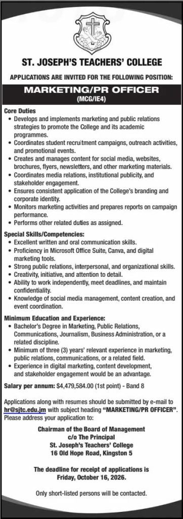 St. Joseph’s Teachers’ College Hiring MarketingPR Officer