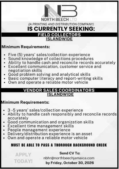 North Beech Ltd Hiring Field Collectors & Vendor Sales Coordinators Islandwide