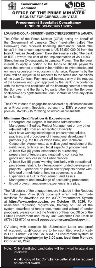 Job advertisement: Procurement Specialist Job – Office of the Prime Minister Jamaica 2026