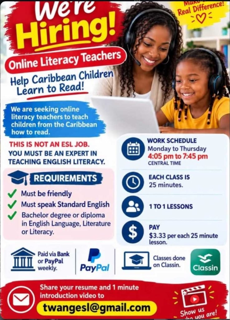 Job advertisement: Online Literacy Teacher Jobs – Caribbean Children