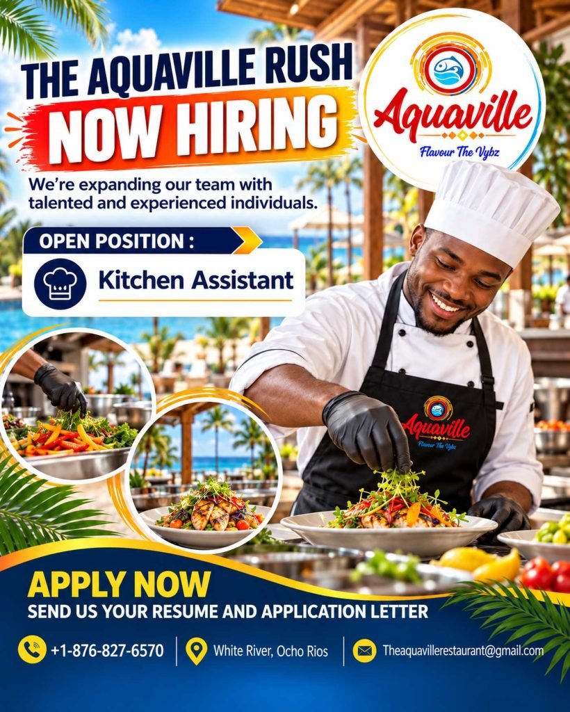 The Aquaville Rush Kitchen Assistant recruitment flyer in White River, Ocho Rios, Jamaica.