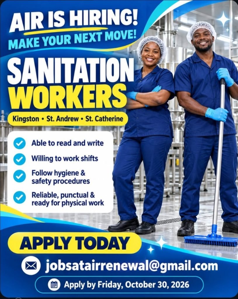 Job advertisement: Sanitation Worker Job Vacancies – AIR, Kingston, St. Andrew & St. Catherine, Jamaica