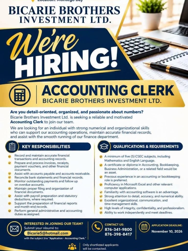 Accounting Clerk Job – Bicarie Brothers Investment Ltd., Montego Bay recruitment flyer