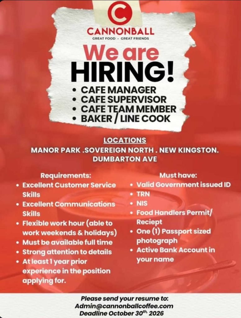 Job advertisement: Cannonball Cafe Jobs in Kingston – Managers, Supervisors, Team Members & Cooks