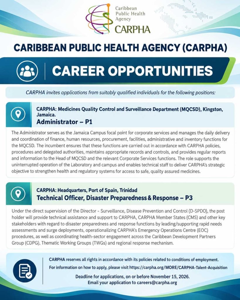 Job advertisement: Administrator (P1) Job in Kingston – CARPHA