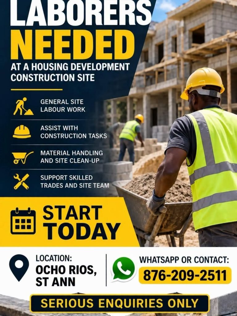 Construction Labourer Jobs in Ocho Rios, St. Ann. Contact +18762092511.